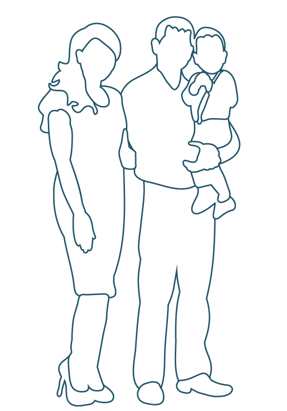 Illustration einer Familie mit Mutter, Vater und Kleinkind in einer Familientherapie-Sitzung